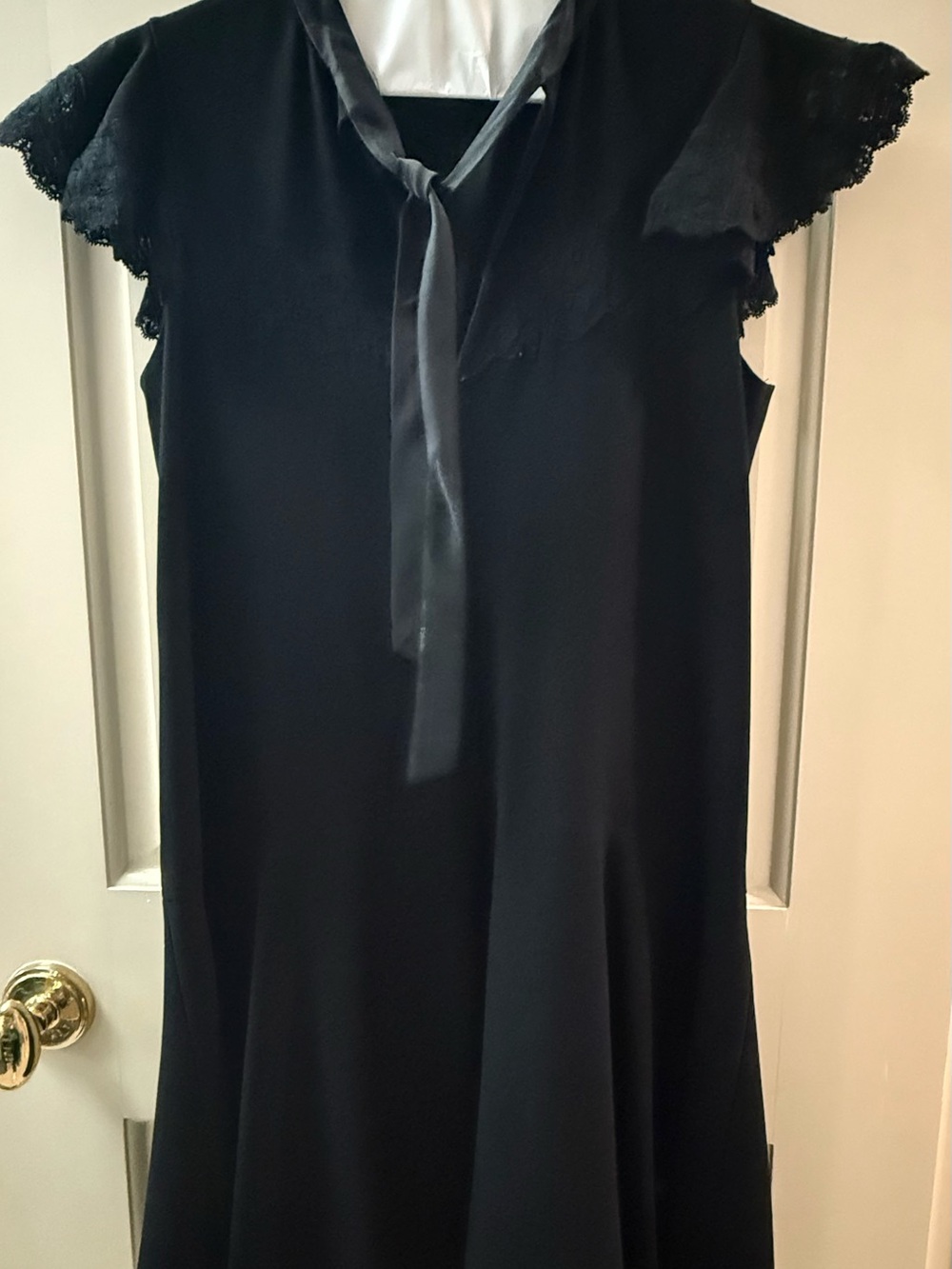 Rebecca Taylor Black Tie-Neck Midi Dress with Lace Cap Sleeves